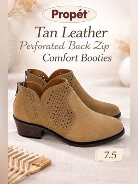 Propét Tan Leather Perforated Ankle Booties Back Zip Comfort Womens 7.5